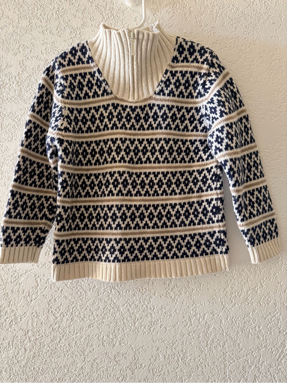 JANIE AND JACK Boys 5T Quarter Zip Cream Tan Blue Pullover Wool Cotton Sweater